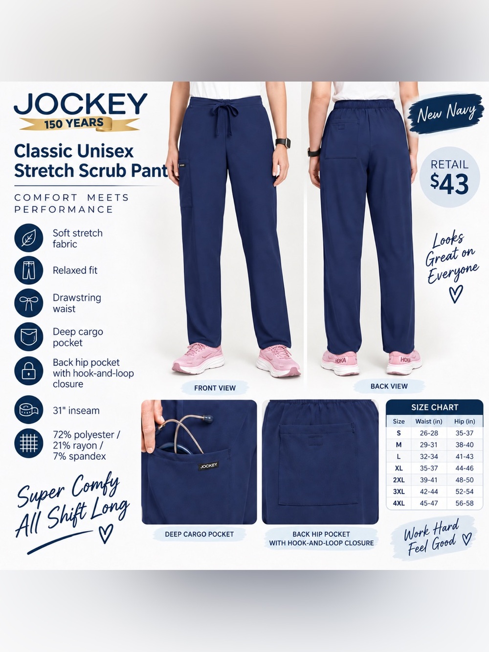 NWT Jockey Classic Unisex Stretch Scrub Pants XL New Navy